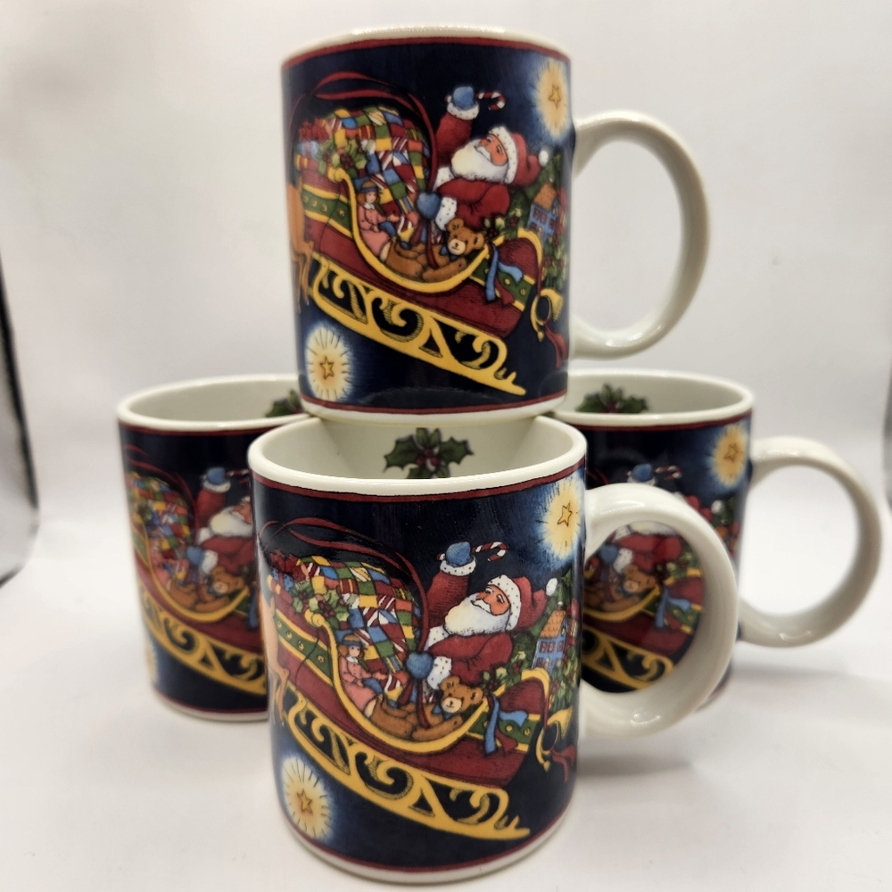 Vintage 1998 Over the Housetops Christmas Santa Stoneware Mug Set of 4 with Box